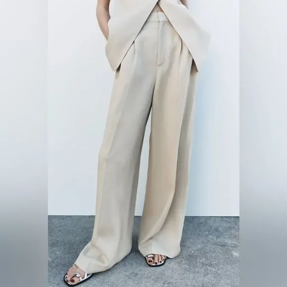 NWT ZARA High Waist Linen Blend Darted Trouser Pant in Camel Size XL - Picture 3 of 9